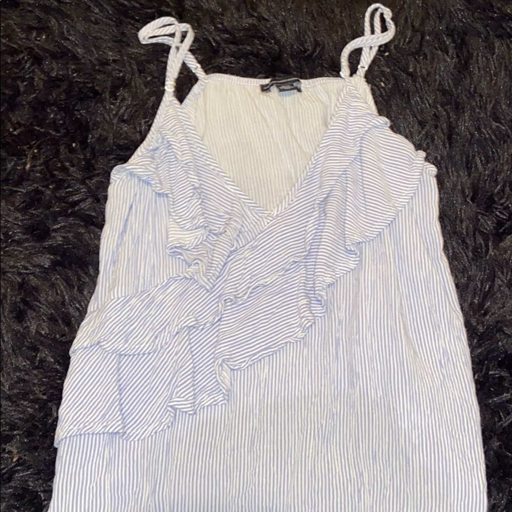 American Eagle blue and white striped ruffle tank